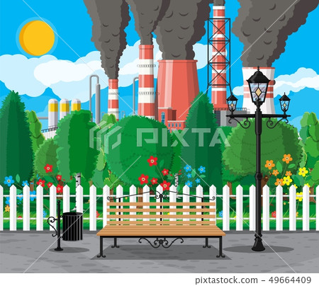 Factory building and city park. Factory building and city park. 49664409