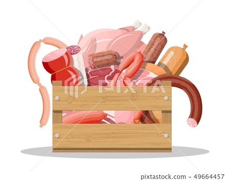 Wooden box full of meat. 49664457