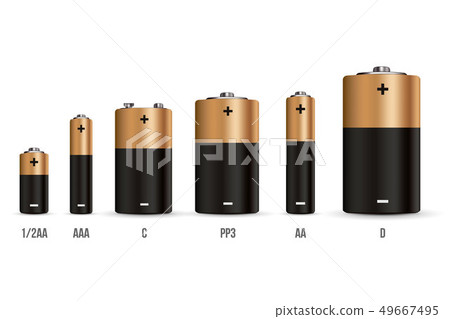 Creative illustration of realistic alkaline battery set with diffrent size isolated on background Creative illustration of realistic alkaline battery set with diffrent size isolated on background 49667495