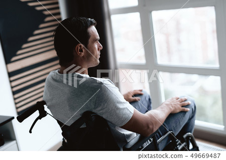 Disabled Man with Hands Up Wearing VR Goggles Disabled Man with Hands Up Wearing VR Goggles 49669487