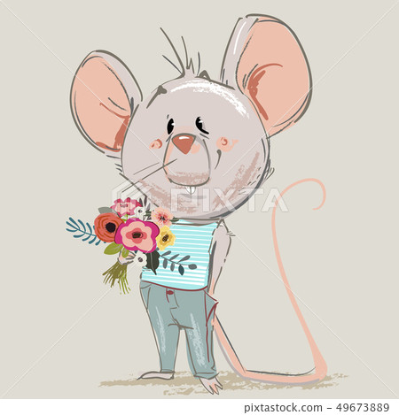 cute little cartoon mouse with floral wreath 49673889