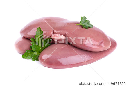 Pork kidney raw isolated on white background. Closeup. Pig kidney isolated with parsley leaves. Pork kidney raw isolated on white background. Closeup. Pig kidney isolated with parsley leaves. 49675821