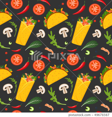 Mexican food seamless pattern. Burrito, taco, hot pepper and green lettuce. Colorful background Mexican food seamless pattern. Burrito, taco, hot pepper and green lettuce. Colorful background 49678387