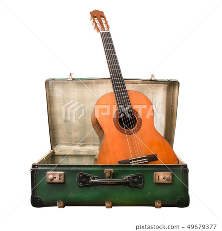 vintage suitcase on white background with guitar vintage suitcase on white background with guitar 49679377