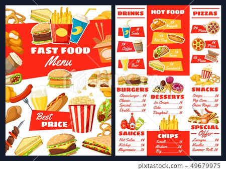 Fast food burgers, snacks and desserts menu 49679975