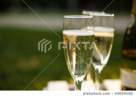 Glasses with champagne on green blurred Glasses with champagne on green blurred 49684080
