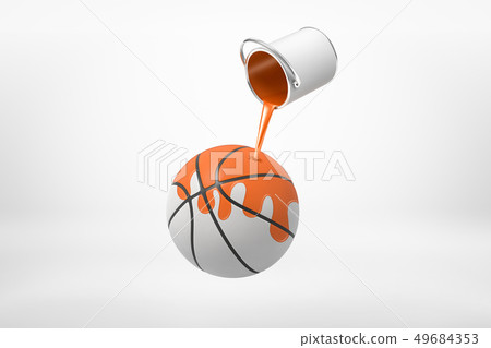 3d rendering of small silver paint bucket turned upside down with orange paint pouring on white 49684353