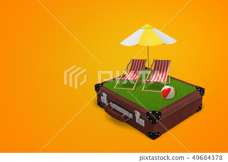 3d rendering of suitcase with green grass, two beach chairs, umbrella and ball on orange background 49684378