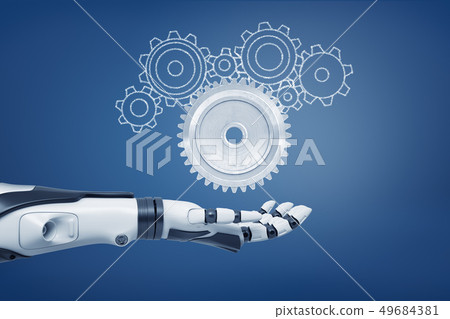 3d rendering of a robot hand with its palm open and ready to catch a light-grey metal cogwheel and 3d rendering of a robot hand with its palm open and ready to catch a light-grey metal cogwheel and 49684381