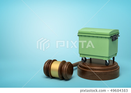 3d rendering of green trash bin on round wooden block and brown wooden gavel on blue background 3d rendering of green trash bin on round wooden block and brown wooden gavel on blue background 49684383