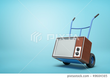 3d rendering of blue hand truck standing in half-turn with brown retro TV set on it on light-blue 49684385
