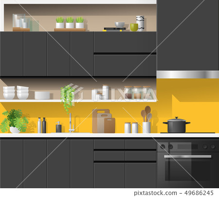 Modern black kitchen with yellow background 49686245
