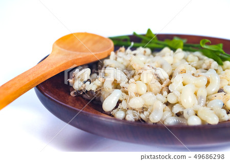 Fresh Red ant eggs are larvae of ants in wood dish Fresh Red ant eggs are larvae of ants in wood dish 49686298