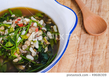 Spicy soup of Red ant eggs are larvae of ants. 49686309