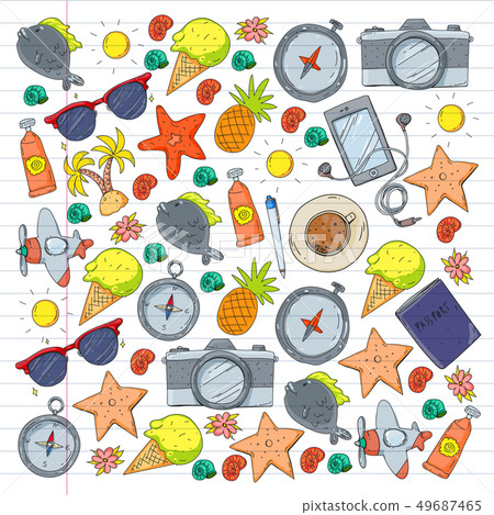 Travel vector pattern. Adventure, beach, tropical design. 49687465