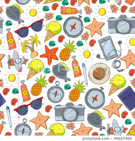 Travel vector pattern. Adventure, beach, tropical design. Travel vector pattern. Adventure, beach, tropical design. 49687466