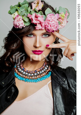 Beautiful model in flower crown. Woman spring Beautiful model in flower crown. Woman spring 49688093