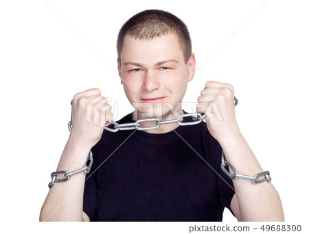 Man's Hands in chain shackles on white background Man's Hands in chain shackles on white background 49688300