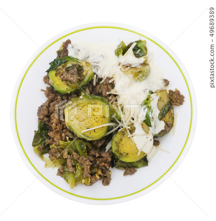 Brussels sprouts and beef on white background 49689389