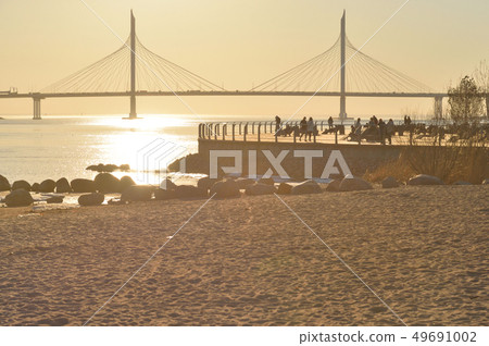 Cable bridge at sunset in Saint Petersburg. 49691002
