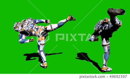 Cosmonaut-soldier of the future fights in front of the green screen. 3D Rendering 49692397