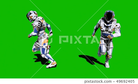 A lone soldier of the future runs on a green screen background. 3D Rendering 49692405