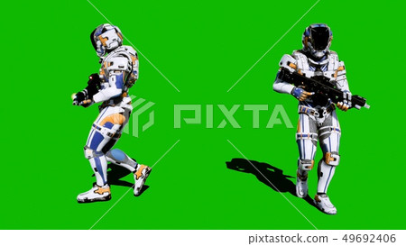 A lone soldier of the future walking with a weapon against a green screen. 3D Rendering A lone soldier of the future walking with a weapon against a green screen. 3D Rendering 49692406