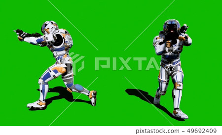 A lone soldier of the future runs with weapons on a green screen background. 3D Rendering 49692409