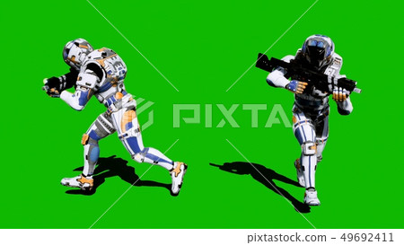 A lone soldier of the future runs with weapons on a green screen background. 3D Rendering 49692411