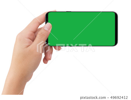 Isolated human left hand holding black mobile 49692412