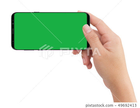 Isolated human right hand holding black mobile 49692413