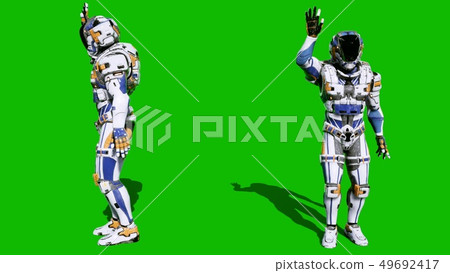 The astronaut-soldier of the future waved his hand in front of the green screen.of the green screen 49692417