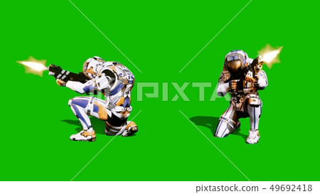 A lone soldier of the future attacks the enemy on the background of the green screen. 3D Rendering 49692418