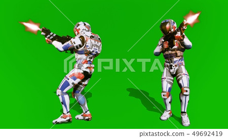A lone soldier of the future attacks the enemy on the background of the green screen. 3D Rendering 49692419