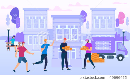 Workers Holding Bricks on City Building Background 49696455