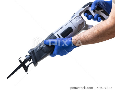 construction tool, power saw in male hand 49697222