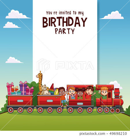 Happy birthday card with kids on train 49698210