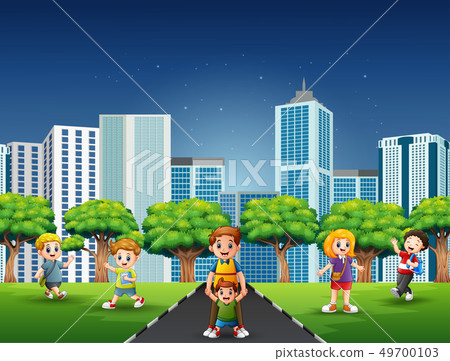 Cartoon family and children having fun on the road 49700103