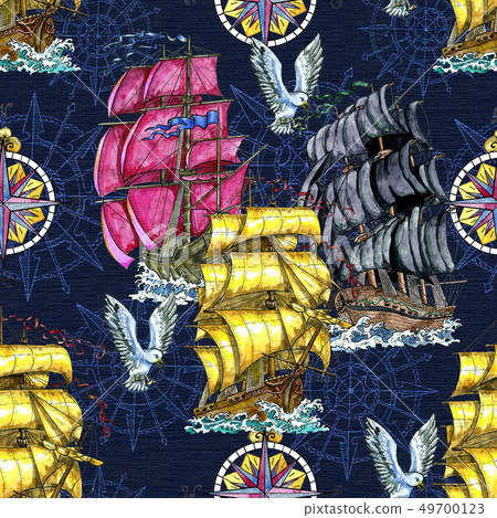 Seamless pattern with old sailing ship 49700123
