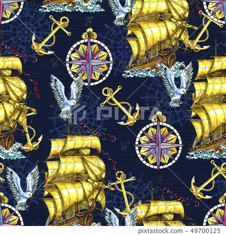 Seamless pattern with ancient sailboat, anchor 49700125