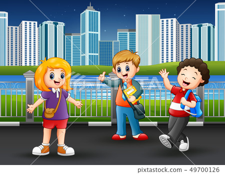 Happy school children at the city park Happy school children at the city park 49700126
