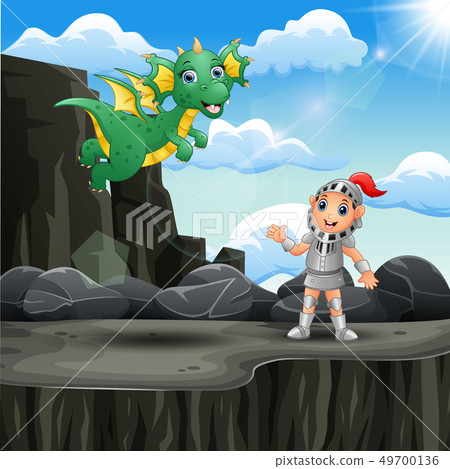 Cartoon knight and a dragon at the mountain cliff Cartoon knight and a dragon at the mountain cliff 49700136