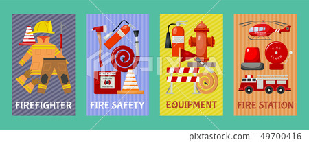 Fire safety set of cards, banners vector illustration. Firefighter uniform and inventory. Equipment Fire safety set of cards, banners vector illustration. Firefighter uniform and inventory. Equipment 49700416