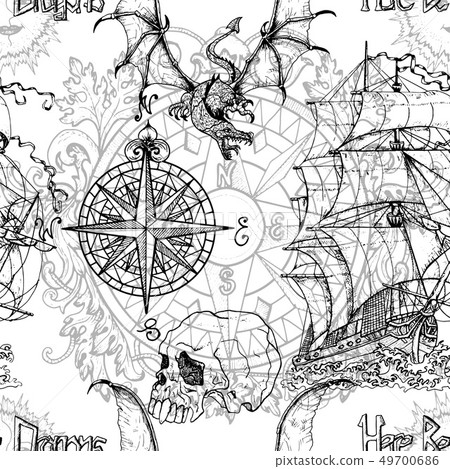 Seamless vector pattern with scary dragon 49700686