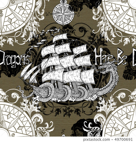 Seamless pattern with sea dragon, compass Seamless pattern with sea dragon, compass 49700691