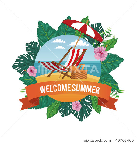 Welcome summer in flowers frame with beach Welcome summer in flowers frame with beach 49705469