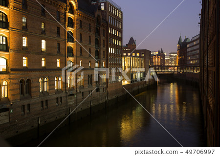 Speicherstadt of Hamburg, Germany at night 49706997