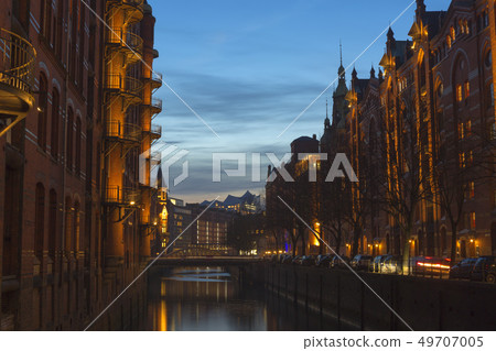 Speicherstadt of Hamburg, Germany at night 49707005