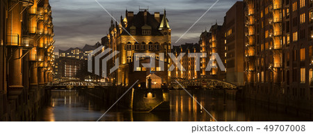 Panorama of Speicherstadt of Hamburg, Germany at 49707008
