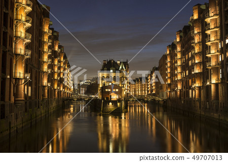 Speicherstadt of Hamburg, Germany at night 49707013